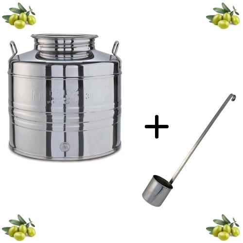 Image of Contenitore Bidone Fusto In Acciaio Inox per Olio 15 Litri Tappo A Vite con Mestolo in OMAGGIO